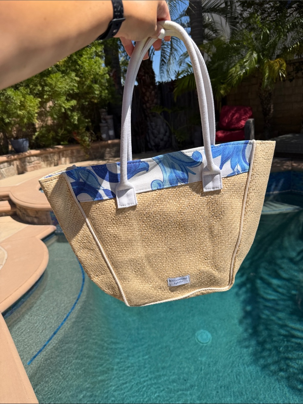 Dolce & Gabbana Natural Straw Tote with Blue Floral Trim